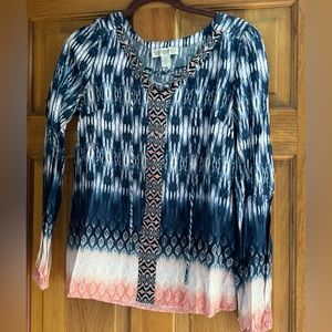 VINTAGE AMERICA Long Sleeve Navy and Coral Blouse SPRING Size Small EXC!